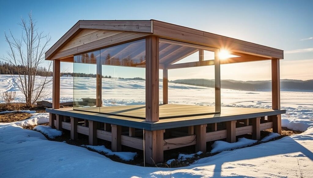 Fundament für Glaspavillon mit Fjordholz