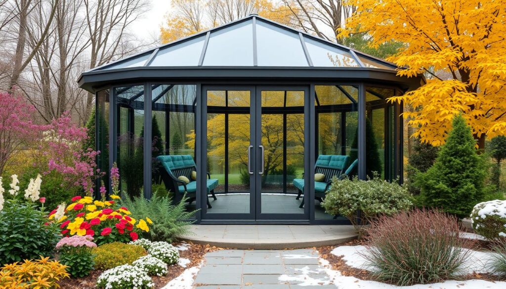 Glaspavillon mit Schiebetüren Jahreszeiten