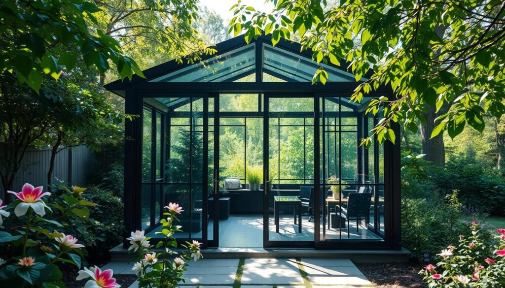 Glaspavillon mit Schiebetüren im Garten