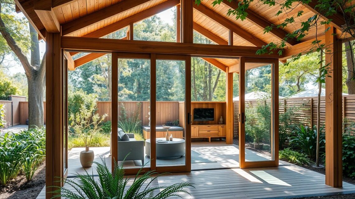 Holz-Pavillon mit Glasschiebetüren selbst bauen