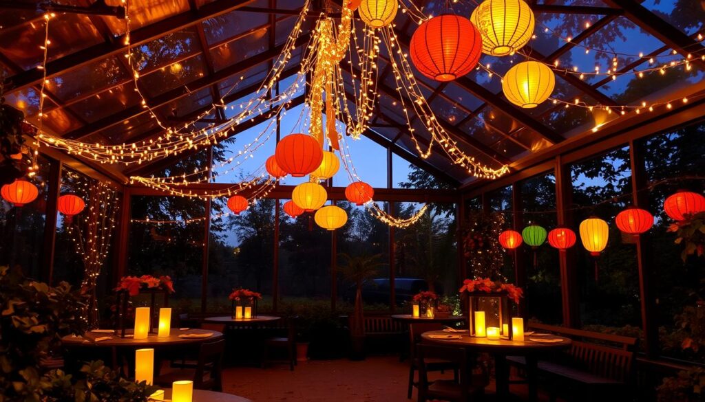 Saisonale Beleuchtung im Glaspavillon