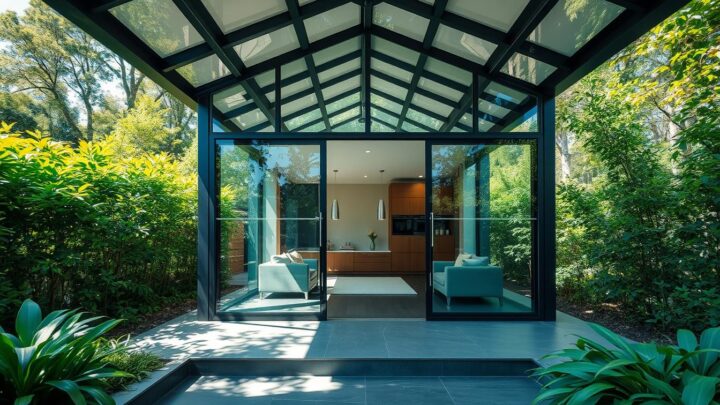 Glaspavillon mit Schiebetüren